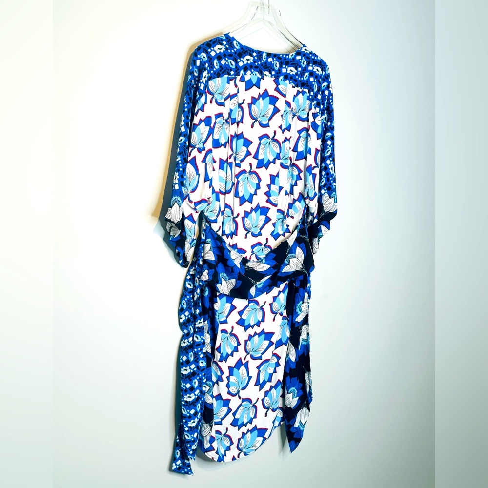 Warm Leaf Kimono Printed Midi Waist Tie Blue White Dress Size 0 - Picture 7 of 16